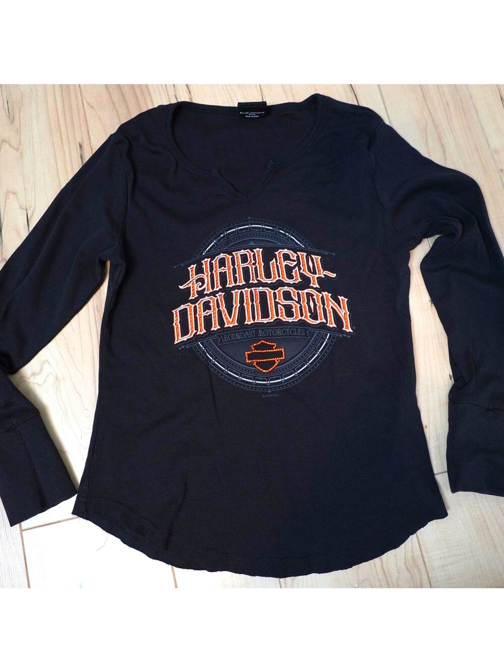 Harley Davidson long sleeve top y2k biker baby tee rhinestone black M
